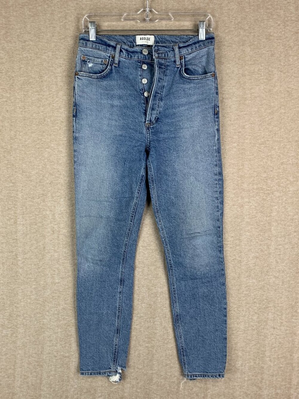 Agolde Nico High Rise Slim Jeans 26 Chronicle Blue Button Fly Denim Distressed